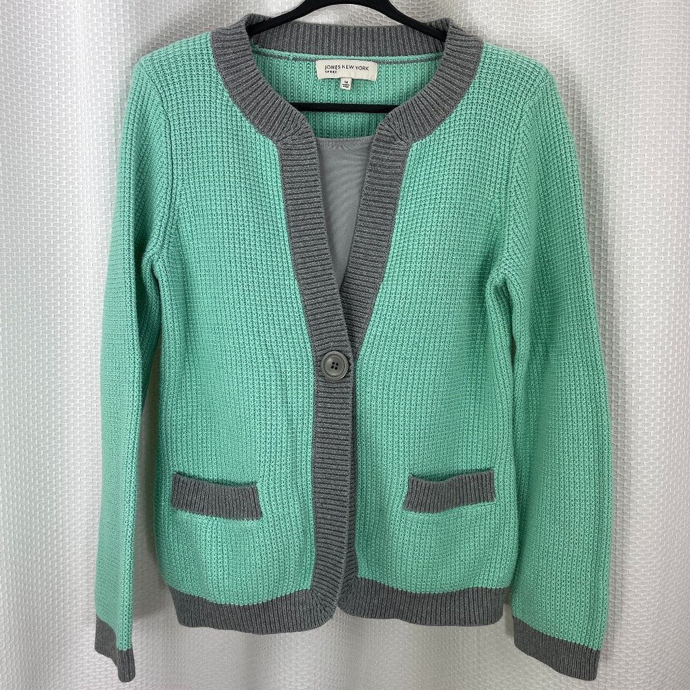 JONES NEW YORK cotton sweater / cardigan -  gray & mint - SZ M